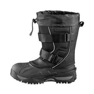 Black insulated winter boot with two hook and loop straps and a drawstring cuff