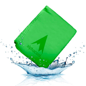 Green Alphacool cooling towel splashing into water