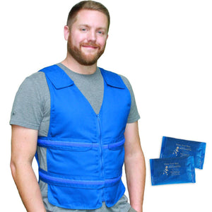 Man wearing a blue Polar Products cooling vest with two Polar Kool Max body cooling packs