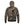 Back view of a hooded sweatshirt with a forest tree bark and leaf camouflage pattern