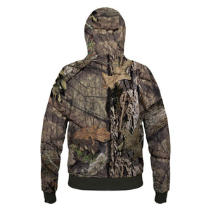Back view of a hooded sweatshirt with a forest tree bark and leaf camouflage pattern