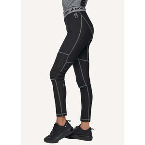 Side view of FNDN black athletic leggings with grey contrast stitching and branded waistband