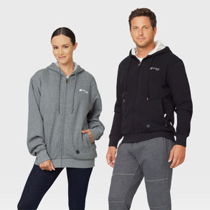 Man and woman wearing Venture Heat zip up hoodies in grey and black