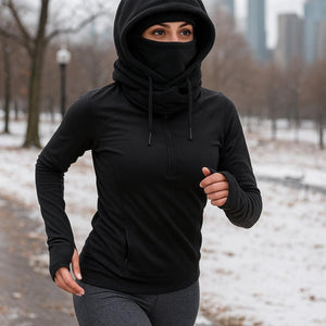 Person running in a Gobi Heat black fleece hoodie with a built in face mask in a snowy park