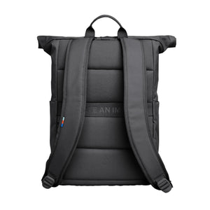 Back view of a black Got Bag rolltop backpack with padded shoulder straps