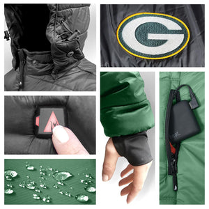 Green Bay Packers heated jacket features including hood, team logo, power button, thumbhole cuffs, and battery pack