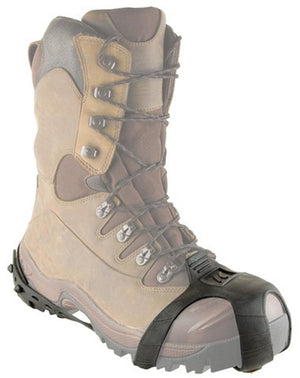 Black rubber ice traction cleat attached to the front of a brown hiking boot