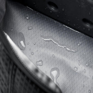 Water droplets on the water resistant fabric interior of a Bellroy bag