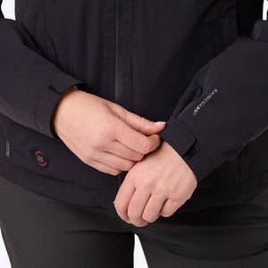 Close up of black jacket sleeve with Rainguard branding and adjustable cuff