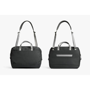 Front and back view of a black Bellroy messenger bag with grey handles and shoulder strap