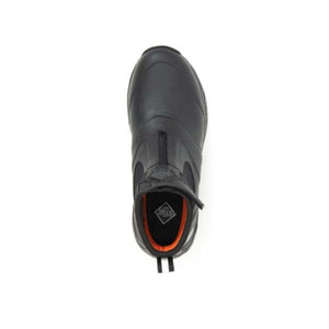 Top view of a black Muck ankle boot with orange interior lining