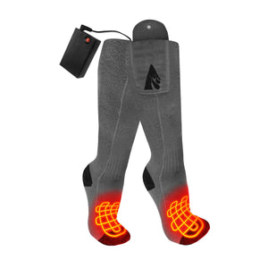 ActionHeat grey battery powered heated socks with glowing red heating elements in the toe and foot area