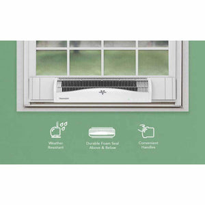 Vornado Transom window fan installed in a window with icons for weather resistance foam seal and handles