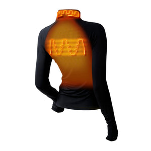 Back view of black long sleeve shirt with glowing orange heating elements on neck and upper back