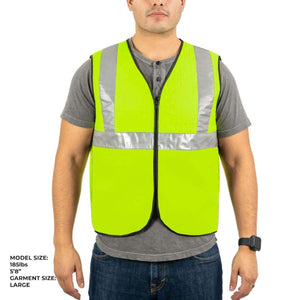 Man wearing a high visibility lime green safety vest with reflective strips