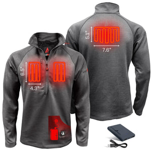 ActionHeat grey heated fleece pullover showing heating element dimensions and battery pack
