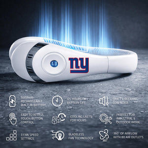 New York Giants branded white portable bladeless neck fan with feature icons and text
