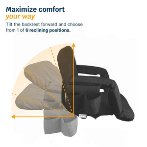 Alpcour stadium seat showing six adjustable backrest reclining positions
