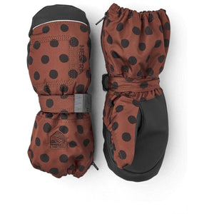 Hestra brown and black polka dot mittens with black palms and wrist straps