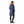 Back view of a person wearing a navy blue parka with a faux fur hood trim and black leggings
