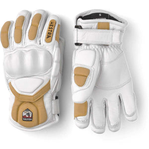 Hestra white and tan leather ski gloves with protective knuckle padding