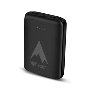 AlphaCool black portable power bank with four LED battery indicator lights