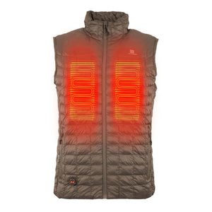 Mobile Warming brown quilted heated vest with visible heating elements on chest