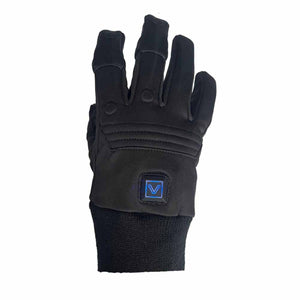 Black heated glove with a blue V logo power button on the back of the hand