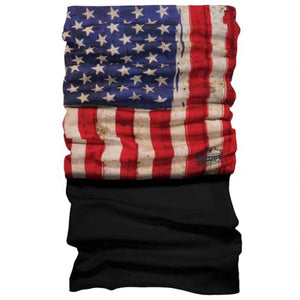 N-Ferno neck gaiter with a distressed American flag print on top and solid black bottom