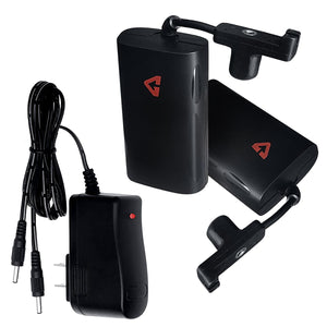 Two black battery packs with charging cables and a wall adapter