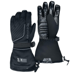 Pair of black Gerbing heated motorcycle gloves with adjustable wrist straps and gauntlet cuffs