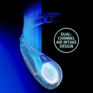 AlphaCool neck fan showing dual channel air intake design with blue airflow visualization