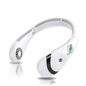 White wearable neck fan with Miami Dolphins logo and digital display