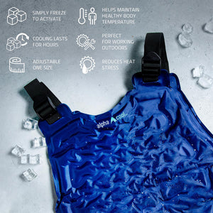 AlphaCool blue cooling vest with feature icons and text on a grey background with ice cubes