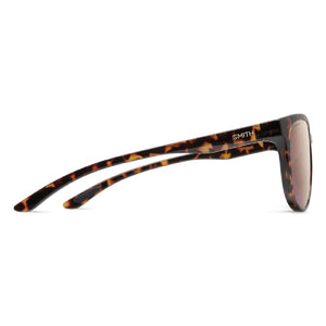 Smith sunglasses with tortoise shell frame and reflective lenses viewed from the side