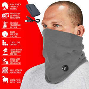 ActionHeat heated neck gaiter with power bank and feature list icons