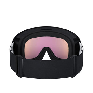 Black ski goggles with a pink mirrored lens and adjustable strap