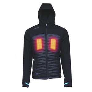 Volt Heat black hooded jacket with glowing orange heating elements on the chest