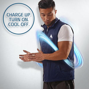 Man wearing a navy Alphacool cooling vest with integrated fan technology