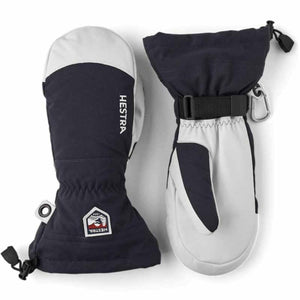 Hestra navy and grey insulated winter mittens with wrist straps and carabiner