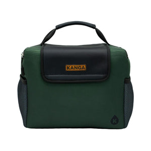 Kanga green insulated lunch bag with black top handle and side mesh pockets
