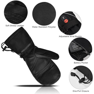 Black heated mitten showing sheep leather, water resistant polyester, wrist buckle, battery pocket, and pull closure