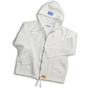White zip up hoodie with Ragz branding on the hood and hem
