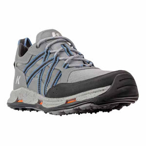 Korkers grey and black hiking shoe with blue accents and speckled midsole