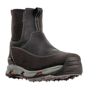 Korkers black waterproof slip on boot with grey midsole and orange accents