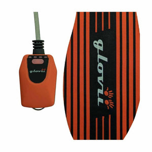Glovii heated belt with orange and black striped fabric and power controller