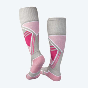 Pair of grey knee high socks with pink and white geometric triangle patterns