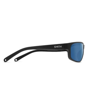 Smith Optics sunglasses with black frames and blue lenses viewed from the side