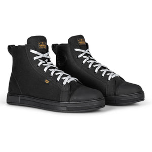 Cortech black high top motorcycle sneakers with white laces and rubber toe caps