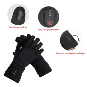 Black heated gloves with touch screen forefinger temperature control button and battery pocket with waterproof zipper